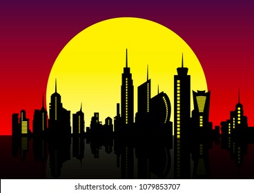 Night City Skyline. Cityscape Background, Beautiful night sky with red sunset over city buildings vector illustration