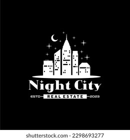 Night City skyline with crescent logo design inspiration