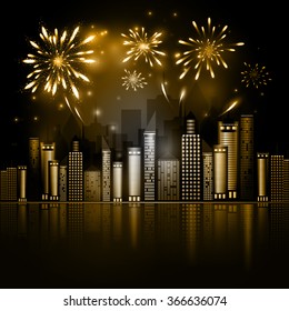 Night City Skyline, dark background with firework show. Vector Holiday Cityscape Background. Festive, bright firework for collage and design brochures, poster, wrapping paper, greeting card. 
