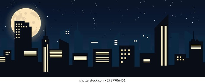 Night city skyline with dark skyscraper silhouettes, glowing windows, full moon and starry sky. Modern urban background for banners, posters and digital designs.