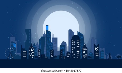 Night city skyline. Dark urban cityscape. Modern night city landscape. Lifestyle concept. vector illustration.