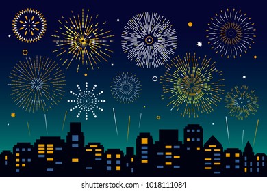 Night City Skyline with Fireworks. flat vector illustration