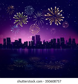 Night City Skyline with Fireworks. Vector Holiday Cityscape Background