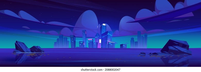 Night City Skyline With Glowing Lights At Ocean Shore. Futuristic Cityscape At Sea Waterfront, Cartoon Background With Illuminated Skyscrapers. Modern Town Buildings Architecture Vector Illustration