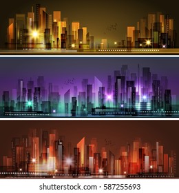 Night city skyline header set, vector illustration
