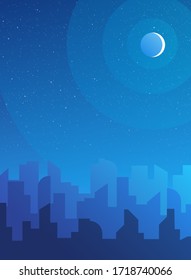 Night city skyline landscape, town buildings in nighttime and urban cityscape town sky. Daytime cityscape. Architecture silhouette of downtown vector background. Flat design