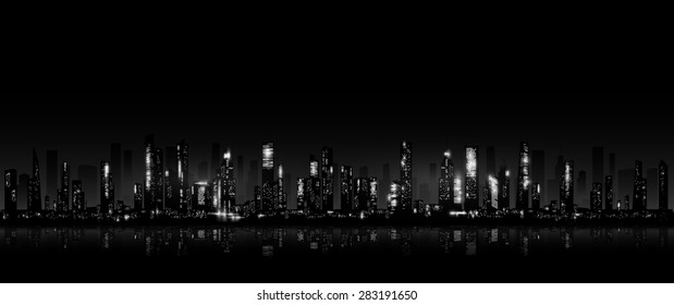 Night city skyline.  Linear seamless pattern. Vector