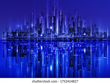 Night city skyline with neon glow and reflection in water. Illustration with architecture, skyscrapers, megapolis, buildings, downtown.