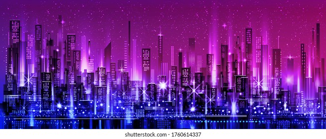 Night city skyline with neon glow. Illustration with architecture, skyscrapers, megapolis, buildings, downtown.