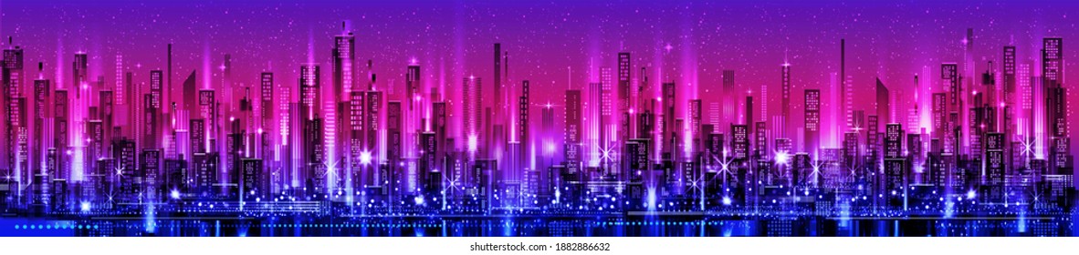 Night city skyline with neon glow. Illustration with architecture, skyscrapers, megapolis, buildings, downtown.