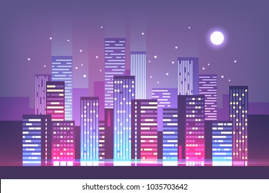 Night city skyline with neon lights. Modern city. Vector illustration.