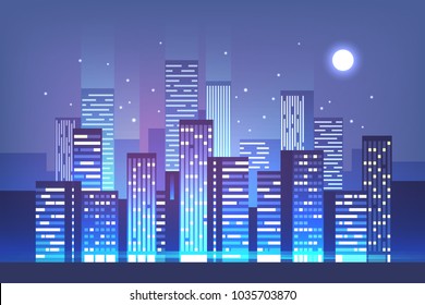 Night city skyline with neon lights. Modern city. Vector illustration.