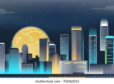 Night city skyline with neon lights. Modern city. Vector 