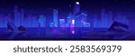 Night city skyline with reflection in calm lake - glowing neon skyscrapers with illuminated windows, starry sky and scattered rocks on water surface. Modern futuristic urban landscape panorama.