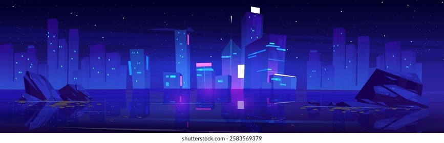 Night city skyline with reflection in calm lake - glowing neon skyscrapers with illuminated windows, starry sky and scattered rocks on water surface. Modern futuristic urban landscape panorama.