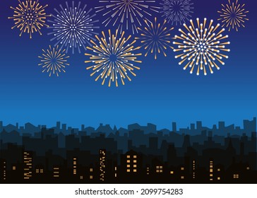 Night city skyline with salute.Vector background festive firecrackers over town silhouette with window. Evening landscape with bright fireworks. Holiday cityscape illustration