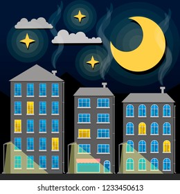 Night city skyline silhouette. Old traditional rooftops and twilight sky. Cartoon vector illustration