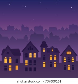 Night city skyline silhouette. Old traditional rooftops and twilight sky. Cartoon vector illustration, seamless tileable from sides.