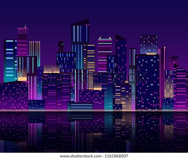 夜の街のスカイライン ネオンの灯りのついた高層ビル 都市の街並みと建物 80年代のレトロなベクター画像の背景 パノラマ都市の景観 建築都市景観のイラスト のベクター画像素材 ロイヤリティフリー