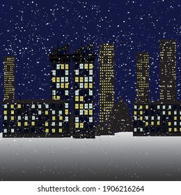Night city skyline in the snow.