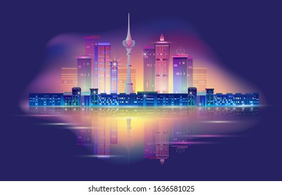 Night City skyline, tv tower. Business district. Panorama with neon glow in twilight. Futuristic cityscape with glowing purple and blue lights. Vector illustration. Megapolis, skyscrapers, buildings.