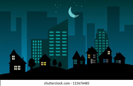 Night city skyline, vector illustration