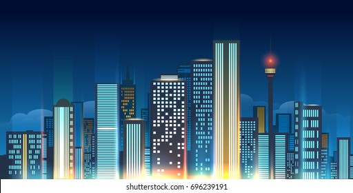 Night city skyline vector illustration. Glowing urban horizon like Beijing or Moscow