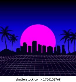 Night City Skyline Vector Retro Illustration