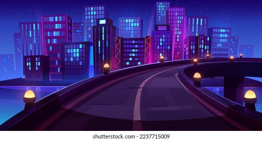 Vista del horizonte de la ciudad nocturna desde el puente, carretera con luces de calle brillantes, barandillas y paisajes metropolitanos con edificios de rascacielos neones brillantes, arquitectura urbana. Ilustración vectorial de dibujos animados