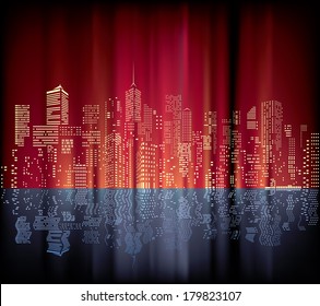 night with city skylines and reflection in water 