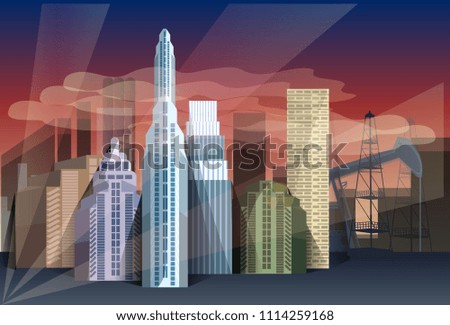 night city skyscraper view nature pollution over cityscape background skyline flat vector
