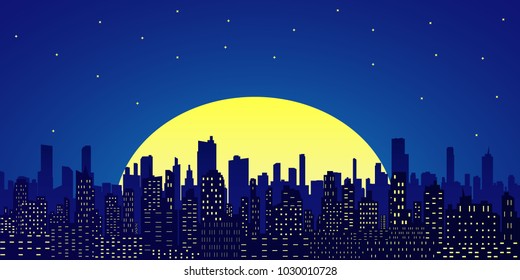 Night City with Skyscrapers against Starry Sky.Full moon and starry sky city and cathedral silhouette vector illustration.