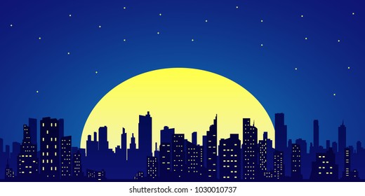 Night City with Skyscrapers against Starry Sky.Full moon and starry sky city and cathedral silhouette vector illustration.