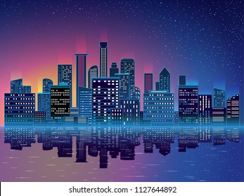 Night city with skyscrapers background. Vector illustration