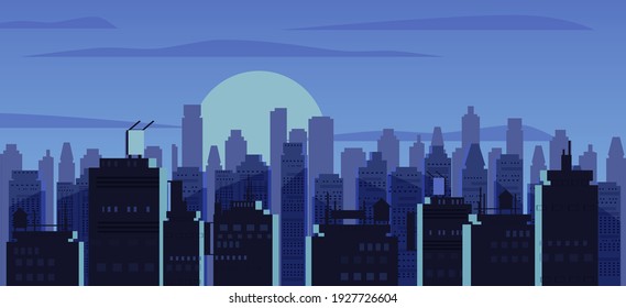 Night city, skyscrapers modern buildings in dark urban scene. Cityscape dusk night mood. Vector illustration