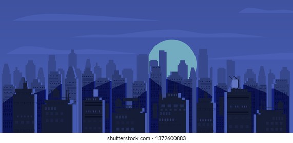 Night city, skyscrapers, silhouettes of houses, panorama, horizon, moon, mood. Dark cityscape. Vector, illustration, isolated