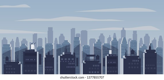 Night city, skyscrapers, silhouettes of houses, panorama, horizon. Dark cityscape. Vector, illustration, isolated