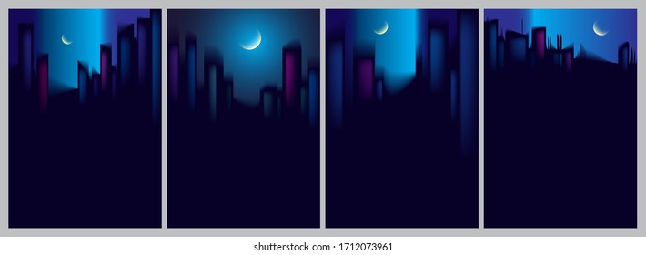 Night city skyscrapers silhouettes skyline vector illustrations set. Perfect minimal backgrounds with copy space for text.