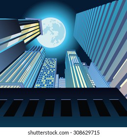 Night city. Skyscrapers under the moon. Vector illustration