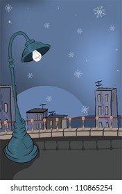 Night city and snowfall. A landscape. Cartoon
