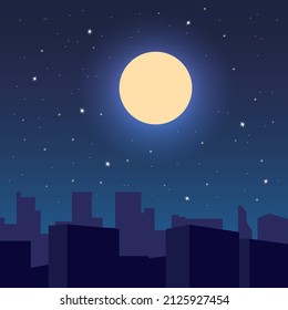 Night city, starry sky, big moon over the sleeping city