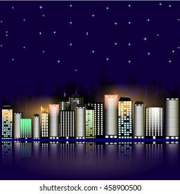 Night city with stars. Night sky in the town. Vector illustration. Abstract background with buildings and stars.