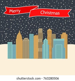 Night city with stellar sky and a red ribbon with the inscription Happy Christmas. Vector illustration.