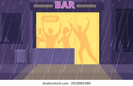 Night city street. Bar exterior, british pub open entrance. Autumn rainy evening, friends drink inside cafe together. Urban building utter vector scene