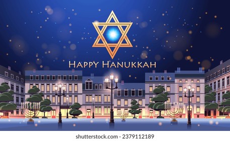 night city street with buildings light lamps and green trees happy hanukkah judaism religious holidays hebrew celebration greeting card