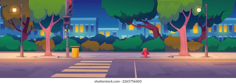 Night city street with buildings, traffic lights at crosswalk for pedestrian safety. Vector illustration of contemporary cartoon houses, empty road and sidewalk, trees and bushes, evening illumination