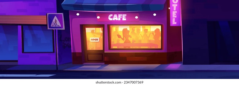 Night city street cafe building outside cartoon background. Restaurant exterior with sidewalk and road with nobody. Open signboard on shop storefront and window with people silhouette in evening