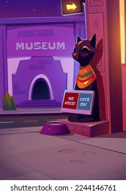 Night city street with cat statue and museum building. Cartoon vector illustration of entrance of Egyptian style restaurant, pet bowl with water on sidewalk, illuminated arrow sign, dark starry sky