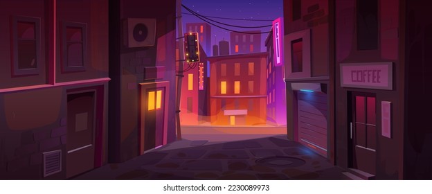 Night city street corner urban cityscape background, quiet nook with buildings back exit doors, coffee house, windows and view on central illuminated road, Cartoon vector game or book illustration