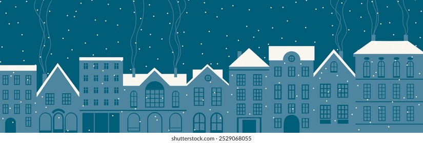 Night city street with cozy old houses. European old town panorama. Panoramic view of empty street at snowy night, evening. Silhouette of Nighttime urban cityscape, scenery in twilight. Flat vector